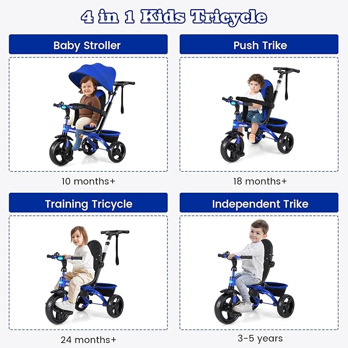 INFANS Kids Tricycle, 6 in 1 Stroll Trike with Adjustable Push Handle, Removable Canopy, Retractable Foot Plate, Lockable Pedal, Detachable Guardrail, Suitable for 10 Months to 5 Years (Blue)