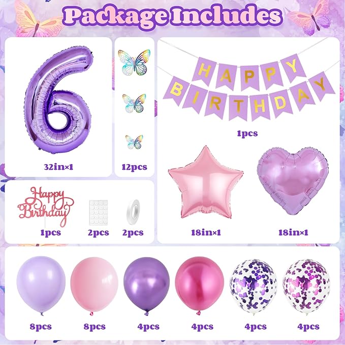 6th Pink Purple Birthday Decorations,Pink Purple 6th Birthday Balloons for Girls Lavender Party Decor Banner Number 6 Balloons Cake Topper Butterfly Party Decorations for 6 Year Old Girls