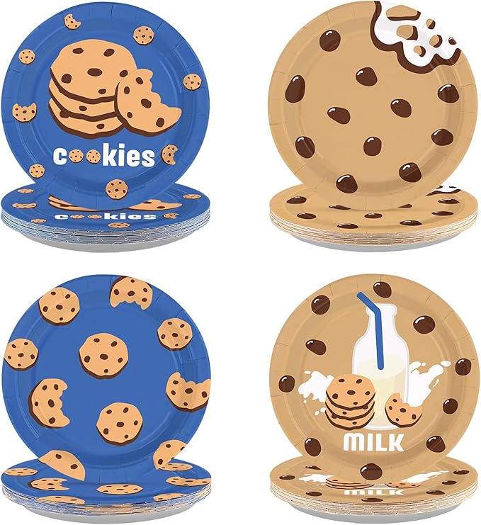 60 Pcs Milk and Cookies Birthday Party Plates 7" Disposable Chocolate Chip Cookie and Milk Dessert Plates Blue Brown Milk Cookies Theme Paper Platters for Kids Birthday Baby Shower Party Decorations