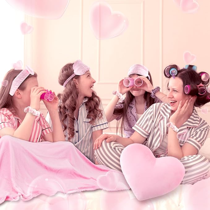 72 Pcs Sleepover Party Supplies for Girl Spa Slumber Birthday Favors Throw Blanket Pillow Eye Mask Headband Scrunchies (Solid Color,Pink)