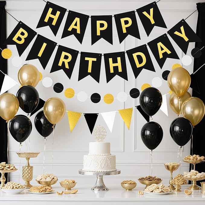 Black Gold Happy Birthday Banner, Happy Birthday Decorations Hanging Birthday Sign Circle Dot Triangle Bunting for Women Men Girl Boy Party Supplies