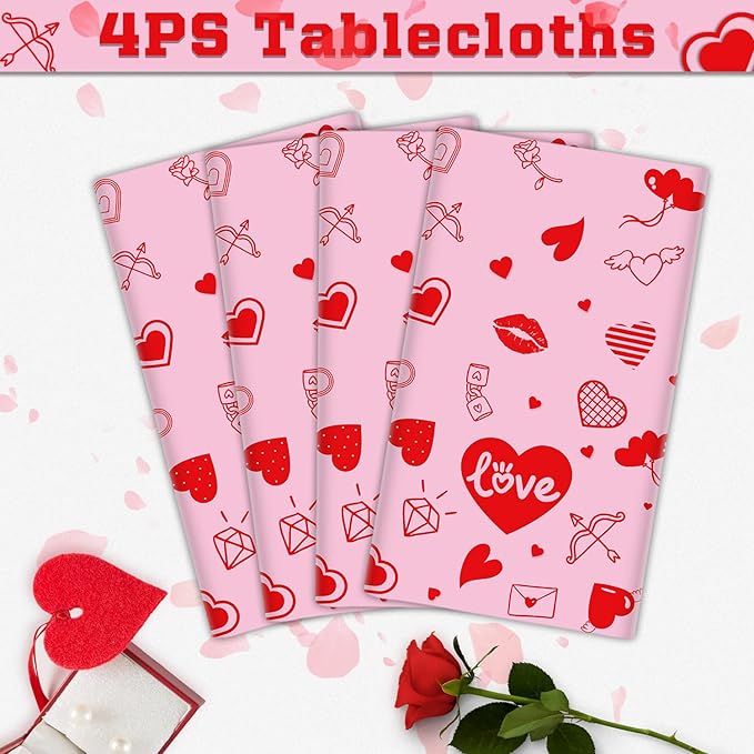 4 Pack Valentine's Day Tablecloth Valentine Love Heart Tablecloth Valentines Day Party Decoration Love Heart Table Cover Valentines Day Wedding Anniversary Birthday Decor 86 x 51 Inch