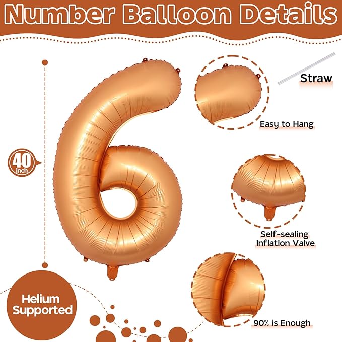 Giant Number Balloons 6, Orange Self Inflating Number 6 Balloon for Kids, 40 Inch Foil Helium 0-9 Set Balloon for Girls Boys 6th Birthday Party Decor Anniversary Celebration Party Decorations Supplies