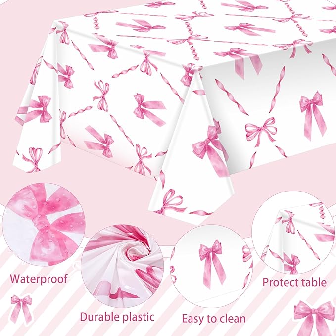 Zhehao 4 Pcs Pink Ribbon Tablecloth 54 x 108'' Coquette Table Cover Pink Bow Birthday Decorations Plastic Disposable Table Cloth for Girls Women Party Supplies