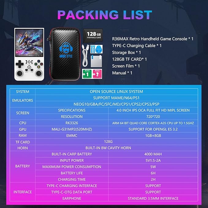 R36MAX Retro Handheld Game Console, 4.0 Inch 720x720 IPS Screen, 128GB Built-in 22000+ Classic Game, Portable Hand Held Open Source Linux System, 4000mAh Battery Retro Gaming Console(White 128GB)
