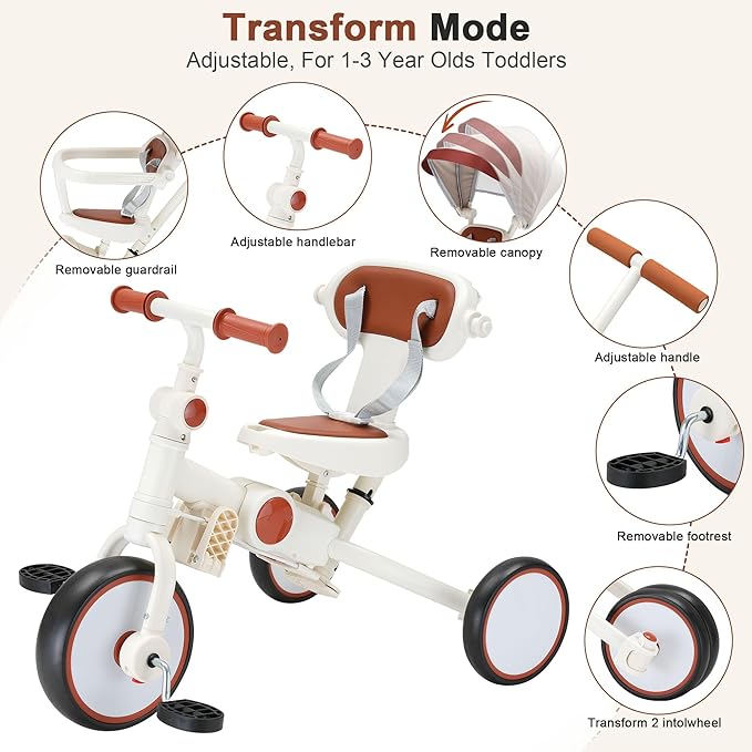 7-in-1 Foldable Baby Tricycle with Removable Canopy – Adjustable Parent Handle, Safety Harness & Wheel Brakes for Toddlers 1-5 Years Old, Balance Bike & Push Trike Gift for Boys & Girls, White