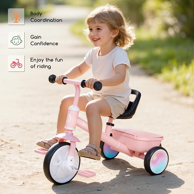 Bobike Toddler Tricycle for Ages 2-5 Years, Tricycle with 2 LED Light Wheels, Toddler Bike with 3-Position Seat and Rear Basket, Kids Bike Gift for Boys & Girl (Pink)