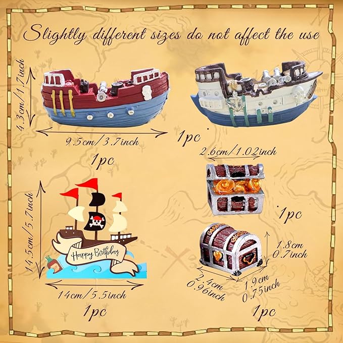 Pirate Ship Cake Topper Nautical Sailboat Model Decoration Set Gold Coins and Pirate Gems Pirate Treasure Chest Compass for Kids Pirate Birthday Party Supplies pirate cake decoration