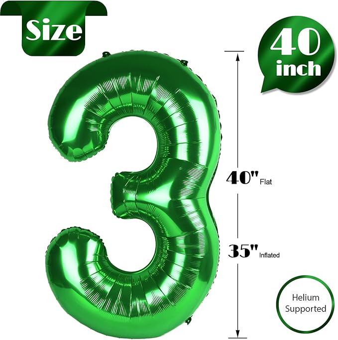 Green 3 Balloon, Number Balloons 40 Inch, 3rd Birthday Decorations for Kids Girls Boys, Men Women Green Party Supplies for Party Decorations, Number 3 Balloon, St. Patrick's Day Birthday Decorations