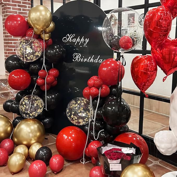 155Pcs Red Black Gold balloons Garland Arch Kit with Gold Confetti Balloons for Graduation Anniversary Casino Night Hollywood New Years Movie Night Birthday Decorations