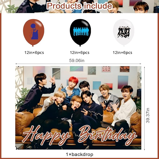 Stray Kids Birthday Party Decoration, Photo Background 5 x 3 FT, 18 Pcs Balloons,Music Merch Party Backdrop Supplies