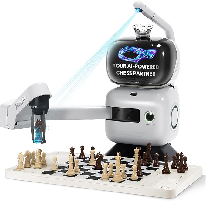AI Chess Robot with Robotic Arm Electronic Computer Chess Board– 25 AI Levels, 1200+ Exercises, Endgame Trainer, Classic Game Replay, Voice Coaching, Lichess Integration