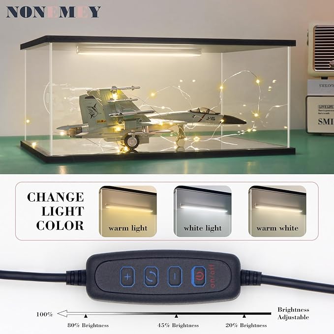 NONEMEY Clear Acrylic Display Case with Remote Control Light for Collectibles, Dustproof Model Showcase Organizer Box, Display Case for Collectibles (13.8x10x6inch,35x25x15cm)