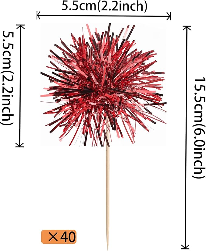 40 PCS Foil Firework Cupcake Toppers Sparkle Tinsel Cupcakae Picks Sparkler Fireworks Party Decorations Cocktail Fruit Toothpick for Birthday Wedding Graduation Party Decorations Supplies Red