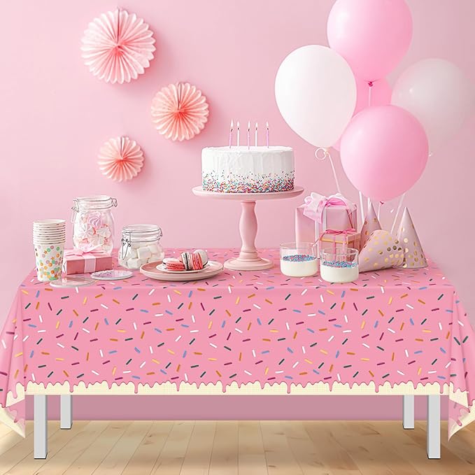 6Pcs Sprinkle Donut Tablecloth, Pink Ice Cream Table Cloth Disposable Plastic Rectangle Table Covers for Baby Girl Sweet One Birthday Donut Grow Up Donut Themed Party Decorations, 54 X 108 Inch