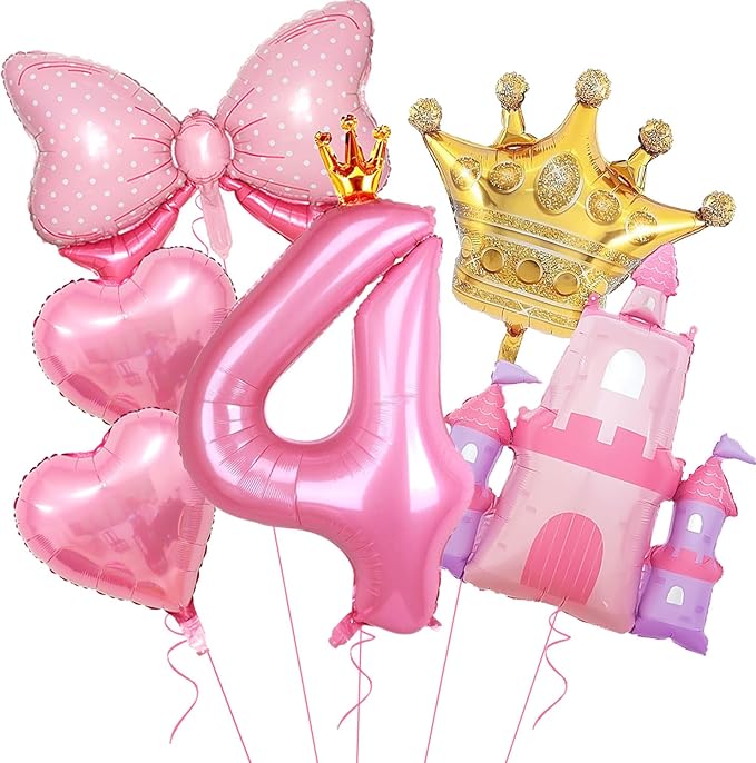 Princess Balloons for 4th Birthday Decorations Girl Pink Castle Balloon Large Pink Crown Number 4 Balloons for Princess Birthday Party Decorations Supplies