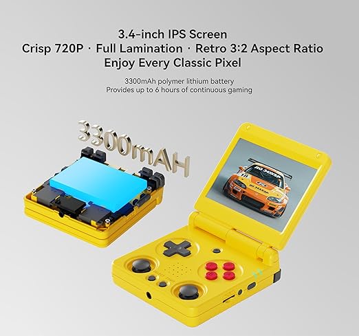 Anbernic RG34XXSP Retro Gaming Console – Flip Design, 3.4'' IPS Screen 720×480, 64G TF Card with 5000+ Games, Portable Handheld, 3300mAh Battery, WiFi HDMI Bluetooth (Yellow 64G)