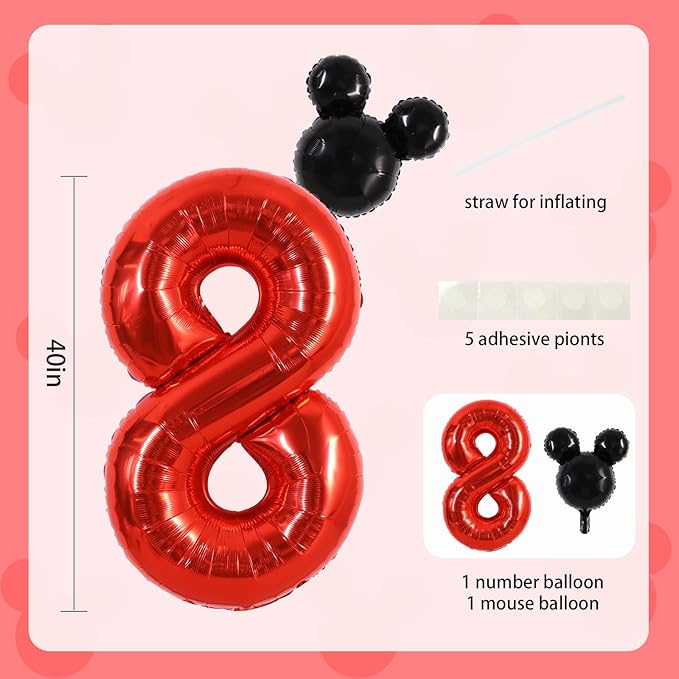 Vuzvuv 40 Inch Mouse Number Balloon No.8, Black Mouse Head Balloon and Red Giant Giant Number Eight Balloon for Birthday, Mouse Theme Party Supplies, Baby Shower,Anniversary Decoration