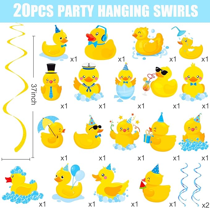 Rubber Duck Hanging Swirls 20Pcs Duck Birthday Party Hanging Decorations Rubber Duck Ceiling Swirls Duck Party Streamers for Duck Themed Baby Shower Birthday Party Supplies