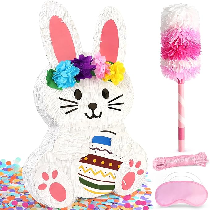 25" Large Easter Decorations Bunny Pinata for Kids Birthday Party - Cute White Rabbit Party Supplies with Matching Stick, Blindfold & Confetti - Sturdy Spring Theme Decor for Easter & Baby Shower