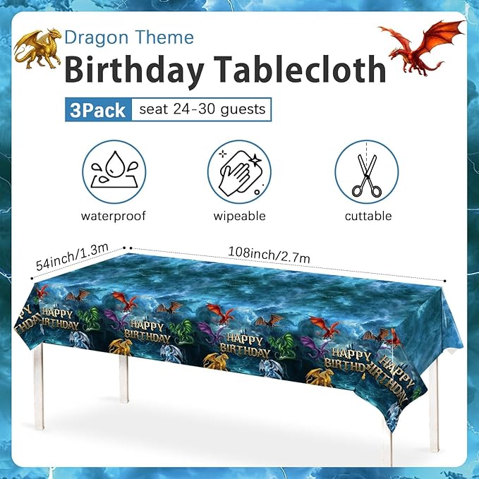 3pcs Dragon Birthday Party Decorations Tablecloth, Large Size 54 X 108 Inch Dragon Party Table Cloth for Dragon Themed Decor