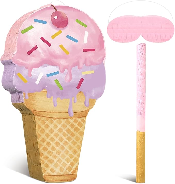 Capoda Pink Ice Cream Piñata Cute Dessert Cone Shaped Piñata with Stick Blindfold for Ice Cream Candy Birthday Party Summer Baby Shower Wedding Party Supplies Decor, 15.8 x 9.5 Inch