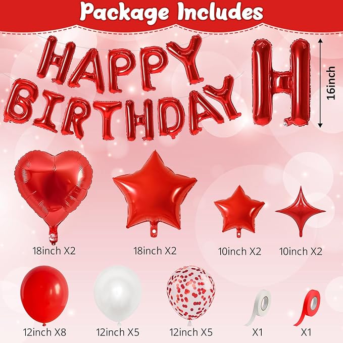 Red White Birthday Decorations for Women Girls Dark Red Metallic Pearl Whte Confetti Party Balloon Happy Birthday Banner Heart Foil Balloons 18/10 Inch Star Balloons for Bday Party Supplies