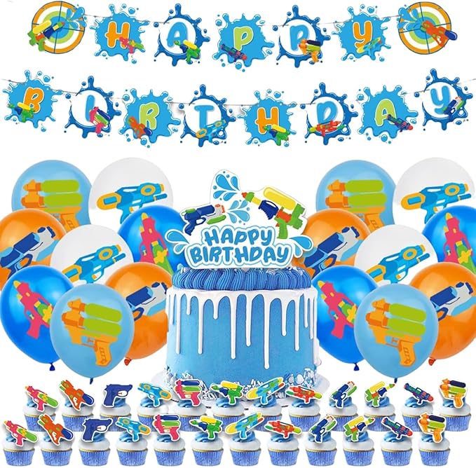 Water Gun Birthday Party Supplies Pool Birthday Party Supplies Set Water Gun Theme Party Decorations Include 1 Banner 1 Cake Topper 16 Balloons 24 Cupcake Topper