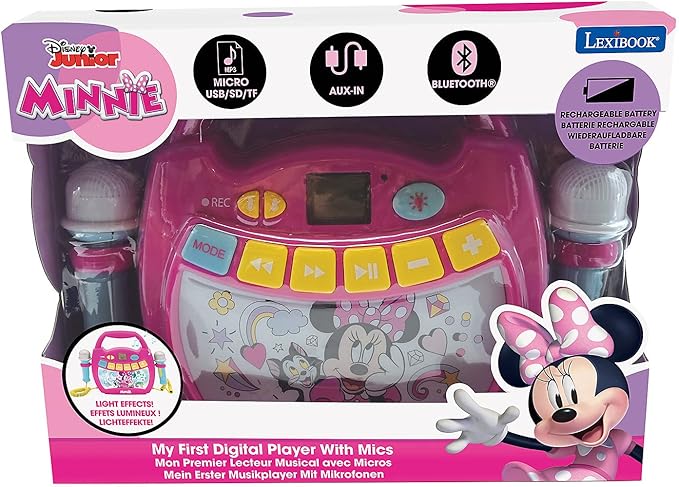 LEXiBOOK – Disney Minnie - Portable Karaoke Digital Player for Kids – Microphones, Light Effects, Bluetooth, Record and Voice Changer Functions, Rechargeable Battery, MP320MNZ