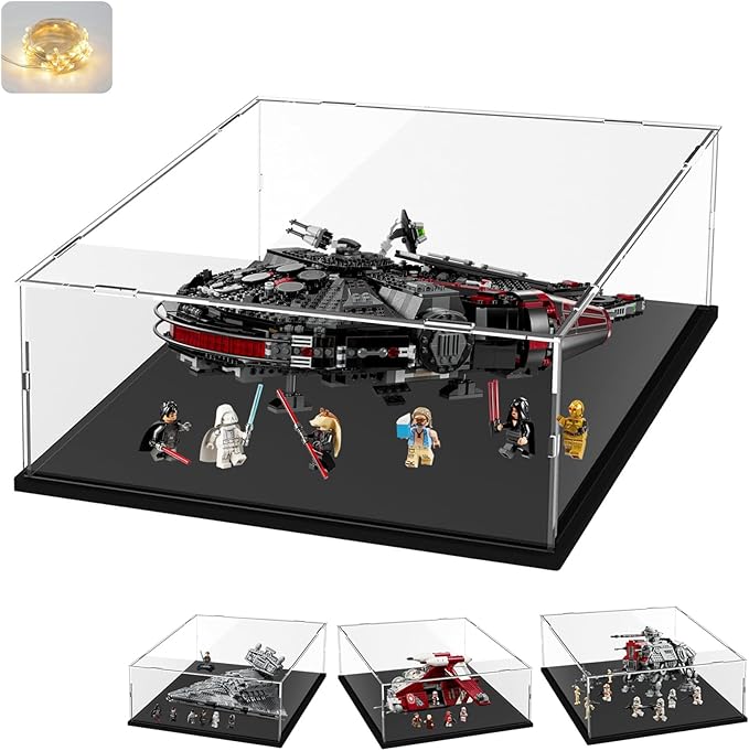 Thickened Clear Acrylic Display Case for Lego 75394 Star Destroyer 75389 Dark Falcon 75337 AT-TE Walker 75354 Collectibles, Box Large Dustproof with Wooden Base & Light, Black Inside 19.7x15.7x7.9inch