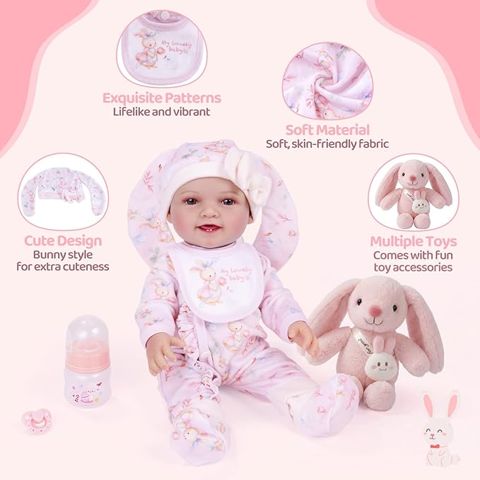 BABESIDE 8 Pcs Baby Doll Clothes Set with Bassinet for 12-15 Inch Dolls, Cute Bunny Baby Doll Clothes and Accessories with Bunny Toy, Feeding Bottle – Babydoll Accessories for Gilrs