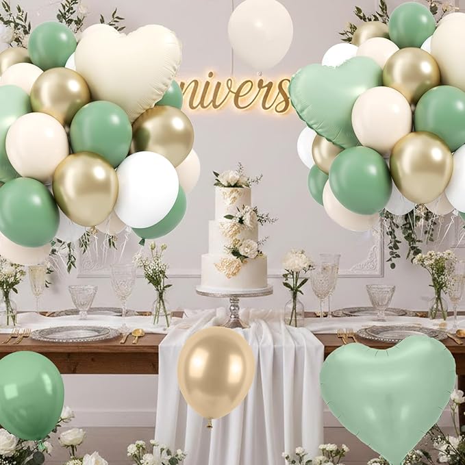 Sage green Gold Balloons, 12inch Sage green Sand White Metallic Gold Confetti Balloons with Star Foil Balloon for Netural Boho Birthday Wedding Bridal Engagement Party Decorations