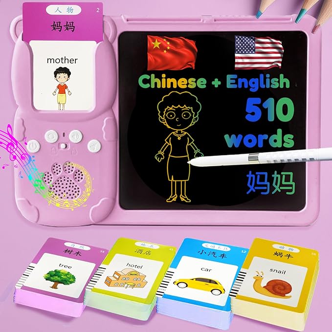 Drawing Tablet with Bilingual Flashcards for Kids - Chinese English Talking Flash Cards, LCD Writing Pad Board, Pocket Speech for Toddlers, Learning Toy Gift for Boys Girls (Chinese, Pink)
