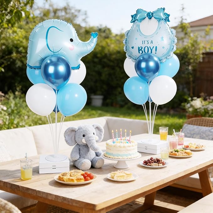 Blue Elephant Party Balloons Stand Kit 2 Sets with Blue Elephant Bib Foil Balloons Cute Elephants 1st Party Balloon Centerpieces for Tables for Animal Themed Birthday Decorations