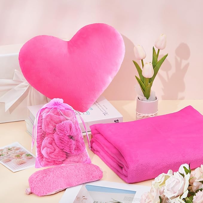 36 Pcs Sleepover Party Supplies for Girl Spa Slumber Birthday Favors Throw Blanket Pillow Eye Mask Headband Scrunchies (Solid Color,Hot Pink)