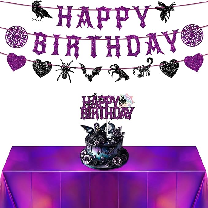 Purple and Black Birthday Decorations, Halloween Birthday Party Decorations Gothic Decor, Black Purple Glitter Spooky Photo Booth Prop Backdrop for Girls, Gothic Inspired Party Supplies Set Include Banner, Cake Toppers, Tablecloth 54" x 108"