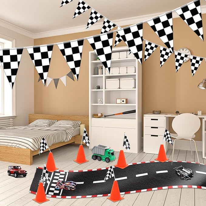Windspeed Race Car Party Supplies, 38 Pcs Set: 24 Checkered Flags, 12 Mini Traffic Cones, 6.5Ft Racetrack Mat, 9.8Ft Hanging Flag, Birthday Decorations