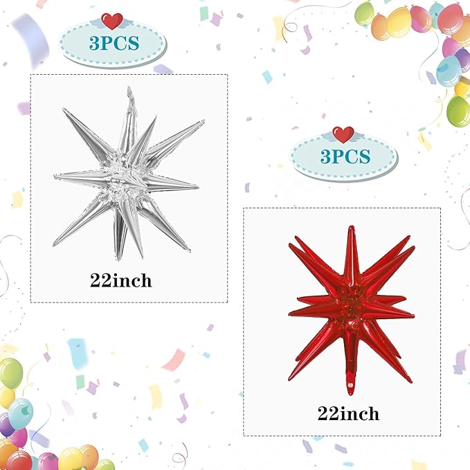 6 Pcs Silver Star Foil Balloons One-Piece 14-Pointed Star Balloon 4D Starburst Cone Mylar Balloon 22inch Christmas Birthday Wedding Wedding Anniversary Party Supplies (Silver + Red)