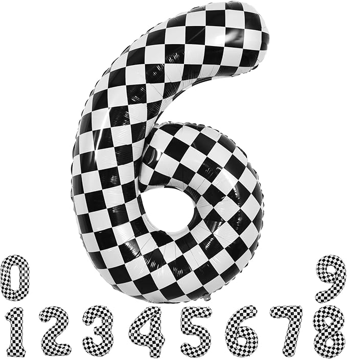 TONIFUL 40 Inch Checkered Number 6 Balloon 6th Race Car Birthday Party Supplies Black and White Large Number Balloon for Girls Boys 6th Birthday Fast Race Car Flag Party Decorations