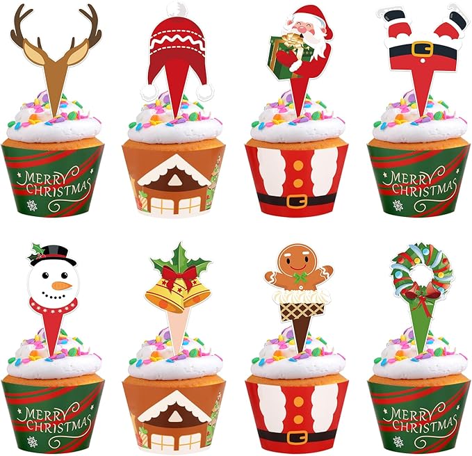 48 Pack Christmas Cupcake Toppers and Wrappers, Snowman Santa Claus Reindeer Cake Decoration for Christmas Theme Party Birthday Party Supplies