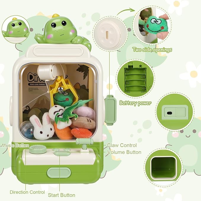 Cartoon Claw Machines for Kids 36 Prizes Age 6+ Mini Vending Machines with Music for Kid with Plush Toy Christmas Birthday Thanksgiving Girls Boys Gifts(Dinosaur)