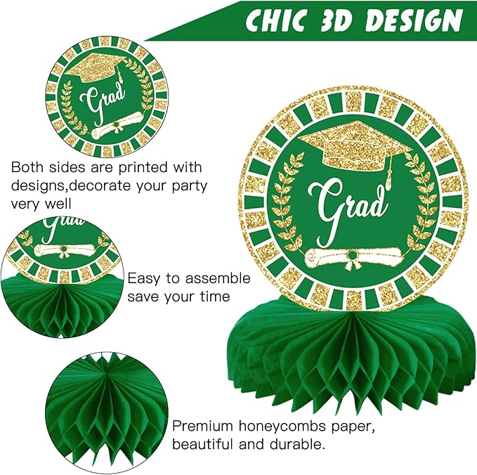 10PCS Graduation Party Decorations Class of 2026 Congrats Grad Table Centerpieces Congratulate Graduation Honeycomb Table Toppers for Graduation Party Supplies(Green Gold)