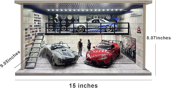 1:24 Scale Die-cast Model Car Display Case with Parking Lot Scene for Jada and Lego Collectors, Diorama Garage for Alloy Sport Car Model Toy with USB Lights and Acrylic Cover, 4 Parking Spaces