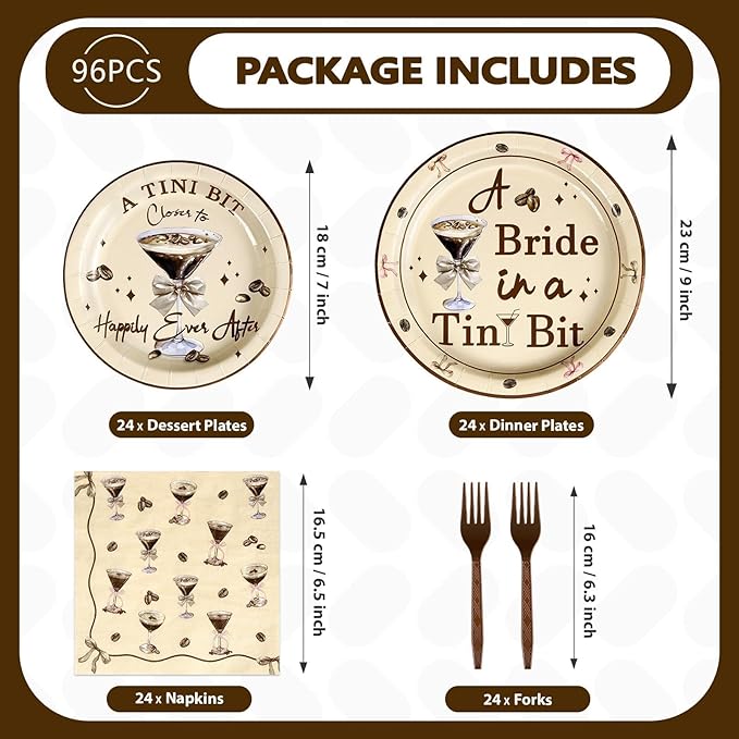 96Pcs Tiny Bit Bridal Shower Party Decorations A Bride In A Tiny Bit Paper Plates and Napkins Espresso Martini Bachelorette Tableware Set for Bridal Shower Bride To Be Party Wedding Supplies Serves 24