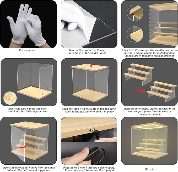 Nynelly Acrylic Lighted Display Case for Collectibles, 4 Tier Figure Display Box with Door and Steps, Assemble Dustproof LED Showcase Storage Box for Mini Figures, Funko Pop, Toys, Wood Color