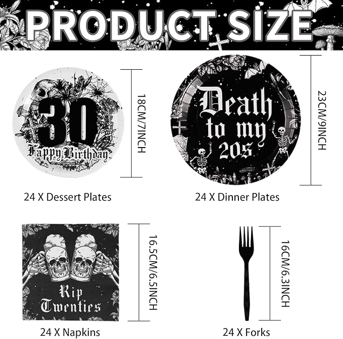 Grencian 96Pcs 30th Birthday Party Supplies Death to My 20s Plates and Napkins Disposable Rip Twenties Paper Tableware for Funeral for My Youth 30 Years Old Birthday Party Decor, Serves 24