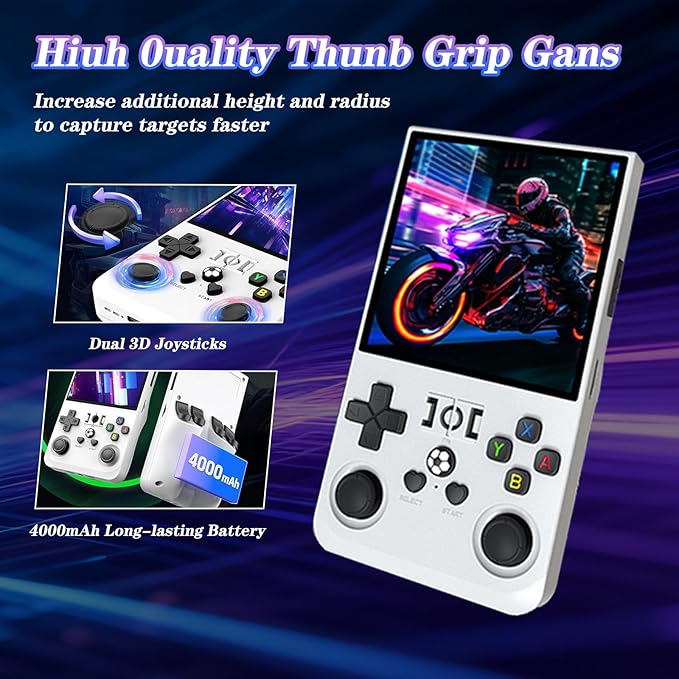 R36MAX 4000mAh Portable Rechargeable Handheld Retro Game Console,Comfort Non-Slip Handheld Standing Retro Game Console with 64G TF Car,4.0-inch Screen,for Office,White