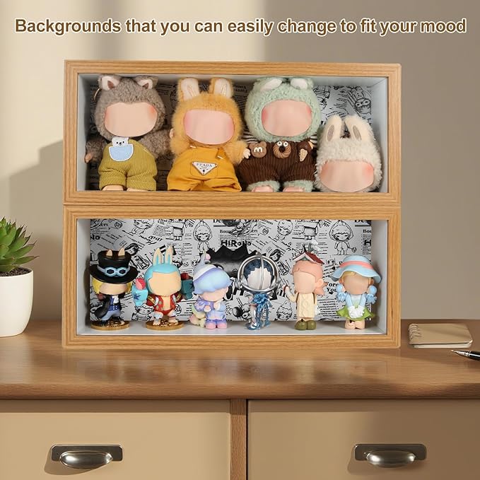 Display Case for Figures, Wooden Dustproof Showcase with Changeable Background Panels, Desktop Collector Box for Mini Dolls, Blind Box Toys, Anime Figures & Collectibles