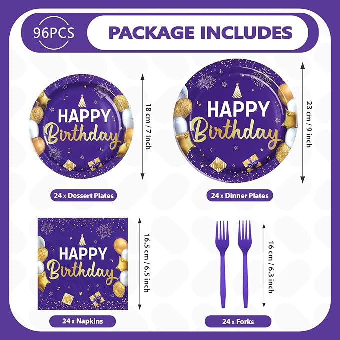 96Pcs Purple and Gold Birthday Party Decorations for Women Purple and Gold Happy Birthday Plates and Napkins Sets Princess Decorations for Girls Lady Bday Party Supplies Serves 24