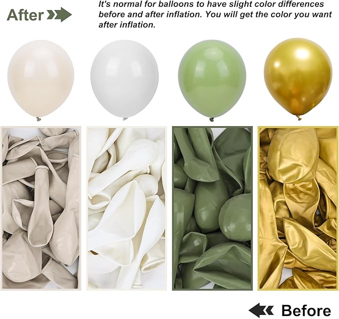 RUBFAC Sage Green White Gold Balloon Garland Arch Kit 129pcs Different Sizes Pack of 18 12 10 5 Inch, Latex Sand White Cream Confetti Gold Balloon Garland Arch Kit for Birthday Engagement Wedding